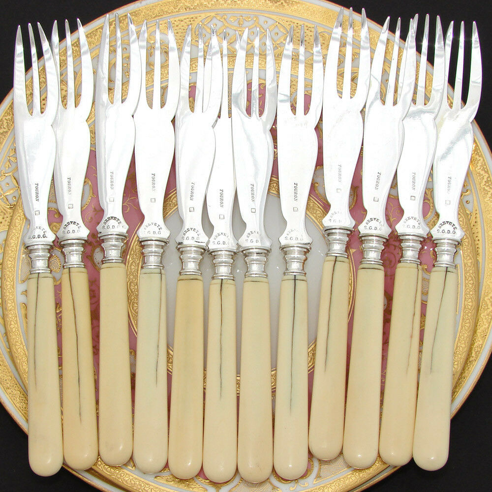 Elegant Antique French 12pc Cake or Melon Fork Set, Carved Handles, Orig. Box
