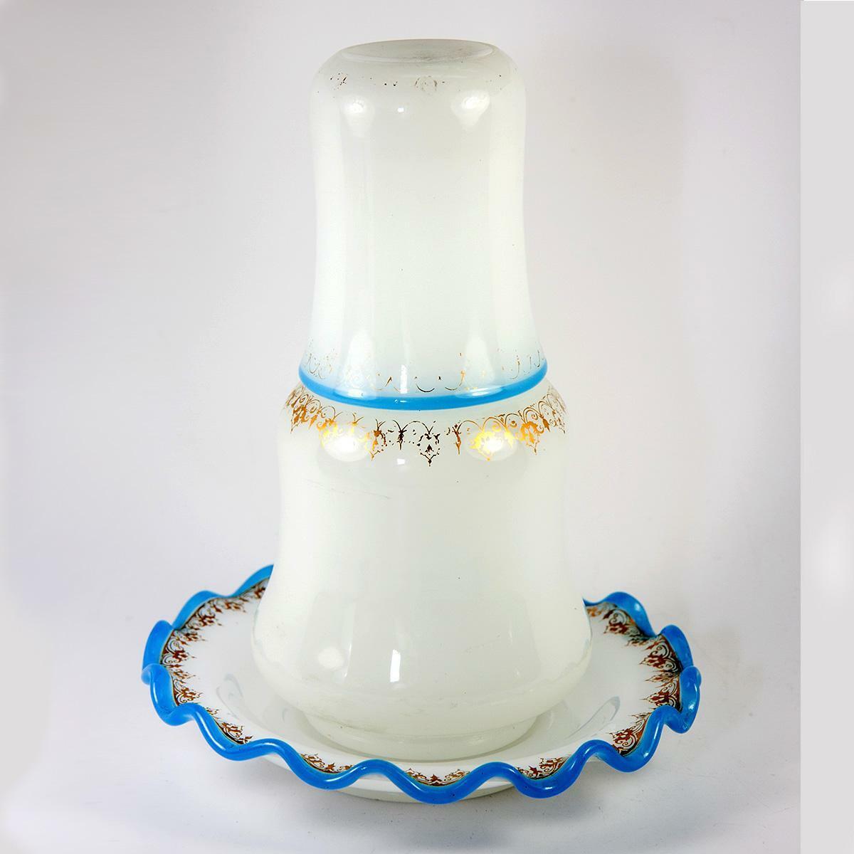 Antique French Opaline Glass Bonne Nuit, Night Water Decanter, Saucer & Cup