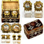 Antique French Scent Casket, Caddy, 2 Perfume Flask, Eglomise Views of Paris