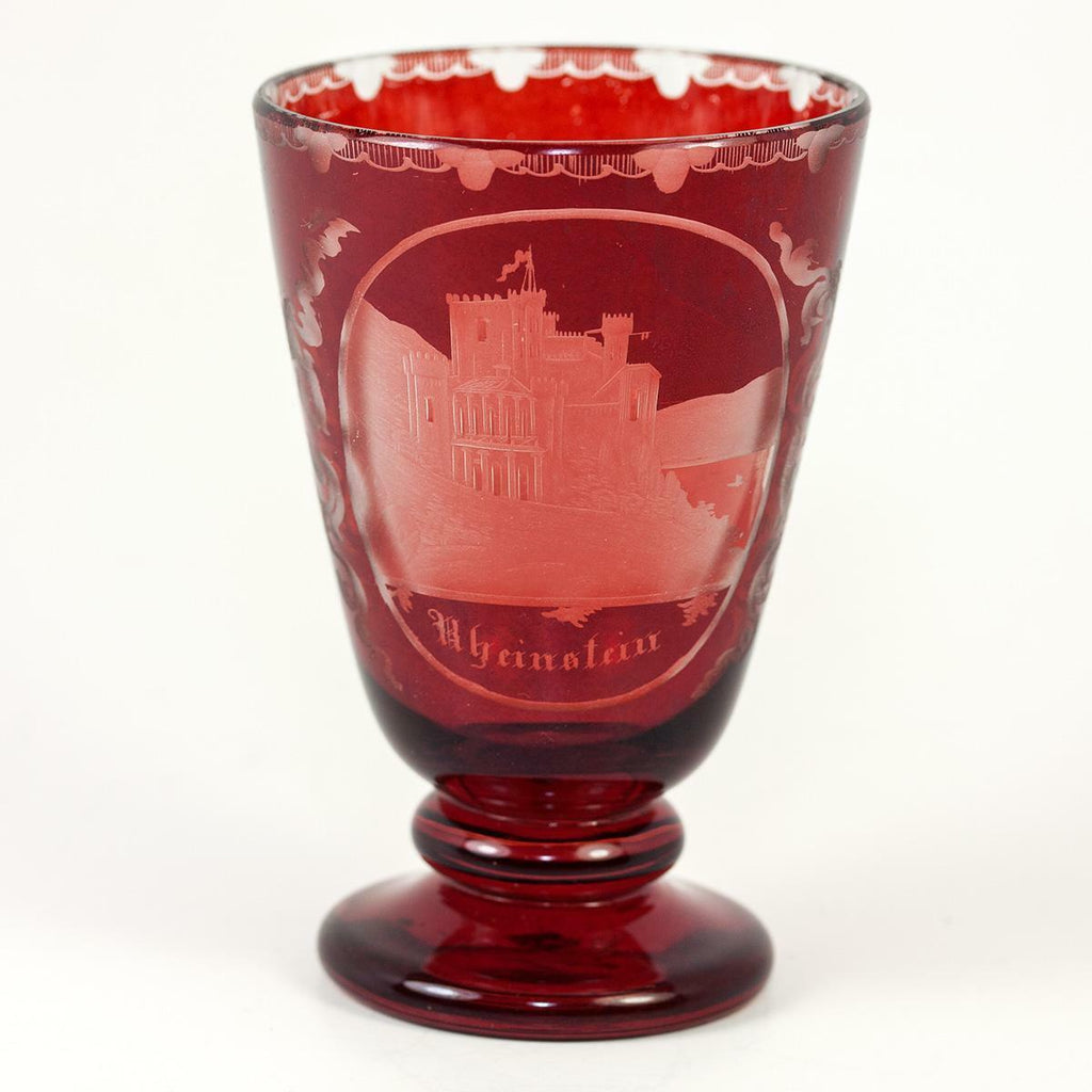 Bohemian Moser Egermann Art Glass Wine Goblet, Rheinstein Castle Ruby Wash c1880