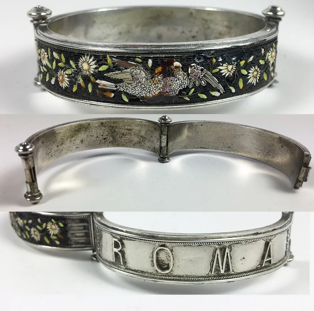 Antique Rome Micro Mosaic Bracelet, Doves and Flowers in Silver Hinged Bangle