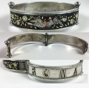 Antique Rome Micro Mosaic Bracelet, Doves and Flowers in Silver Hinged Bangle