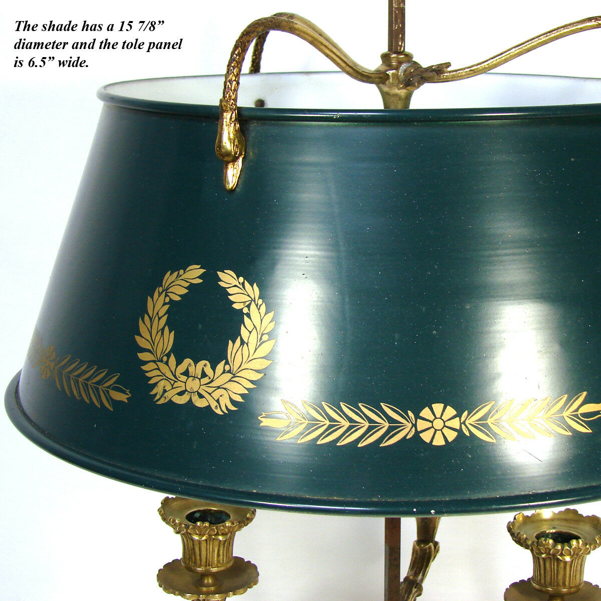 Antique French Bouillotte Lamp, Empire Period 3-Branch, Tole Shade, Swans c.1810