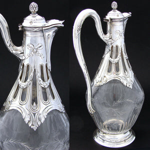 Antique French PUIFORCAT Sterling Silver & Intaglio Glass Claret Jug, Empire