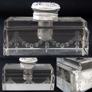 Elegant Antique Gorham Sterling Silver & Cut Crystal 5" Inkwell, Etched Garland