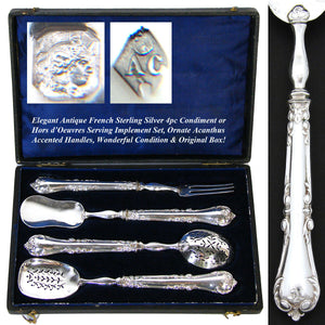 Elegant Antique French Sterling Silver 4pc Hors d'Oeuvre Implement Set, Acanthus