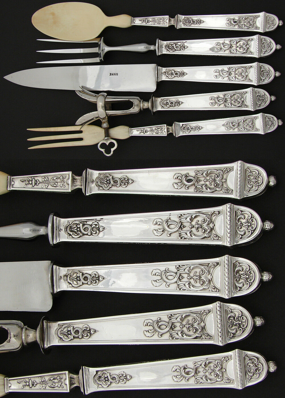Antique French Empire Style Sterling Silver 5pc Serving Implement Set, Orig. Box