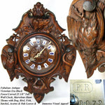 Antique Victorian Era Black Forest Carved 25" Wall or Parlor Clock, Hunt Theme