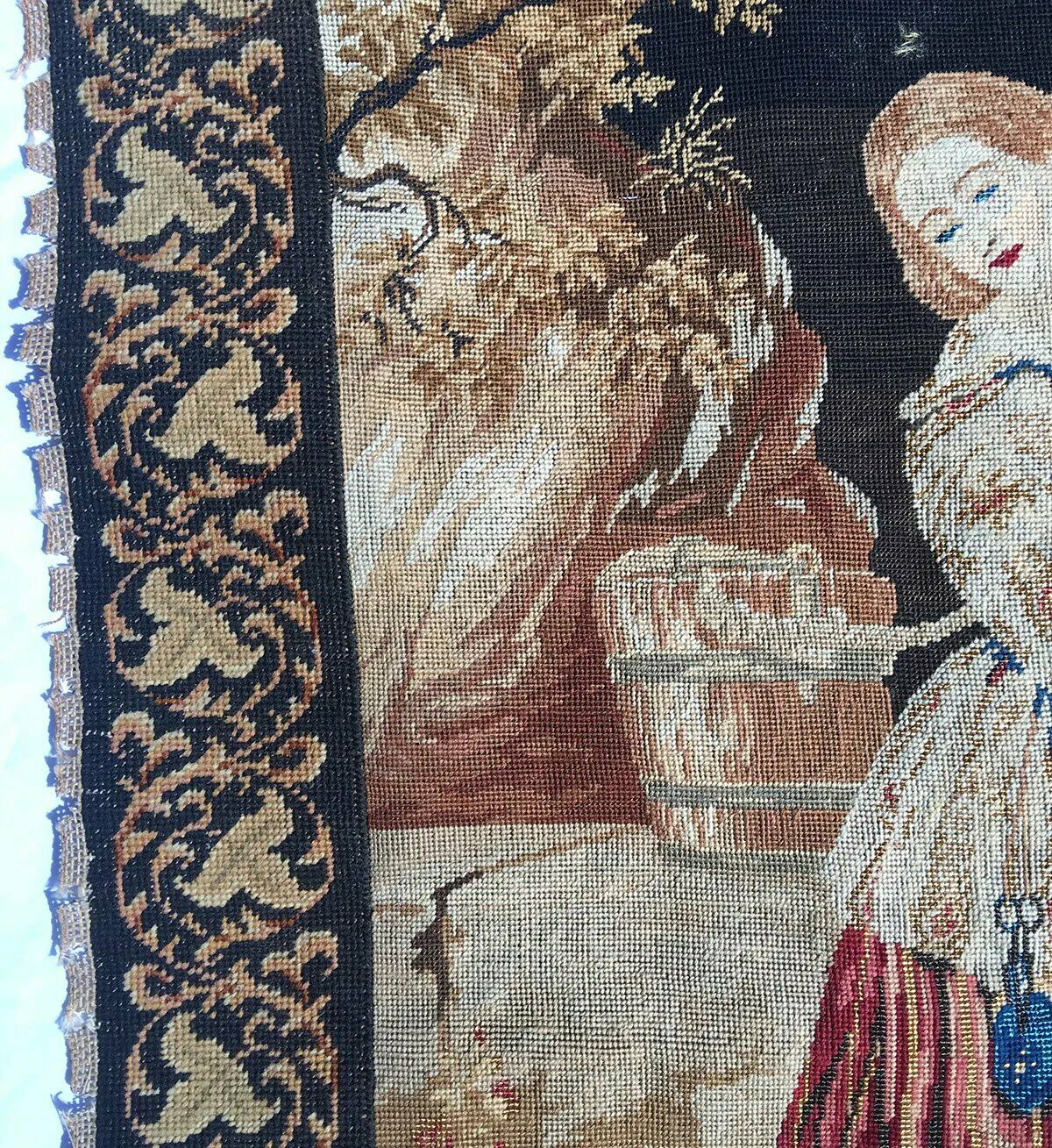 Huge 36" x 30" Early 1800s Antique Needlepoint Tapestry, Pettipoint Berlin Work