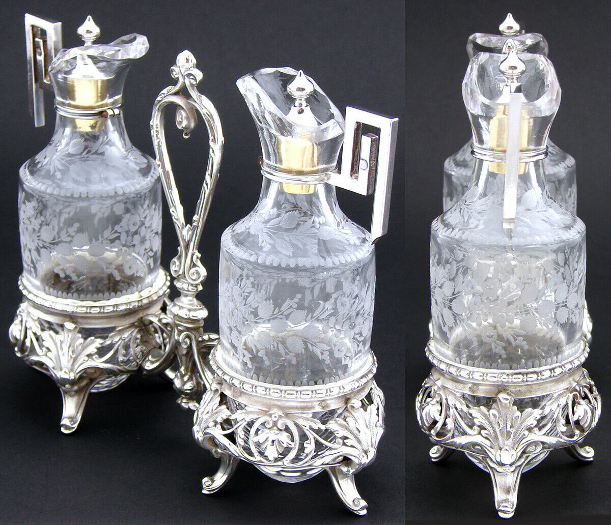 Antique French Sterling Silver & Cut Glass Solitaire Oil & Vinegar Cruet Stand