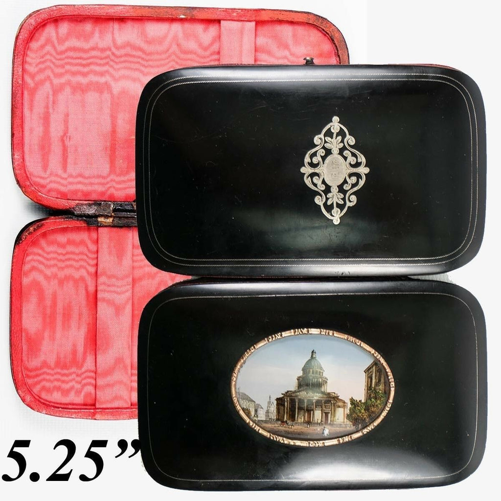 Antique French Cigar or Spectacles Case, Eglomise View of The Pantheon, Sorbonne