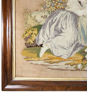 Georgian - Victorian Era 29.75" Needlepoint, Needlework Canvas in Frame, 2 Girls