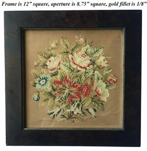 Antique Burled Wood Victorian Frame and Punchwork, Needlepoint on Paper, c.1830