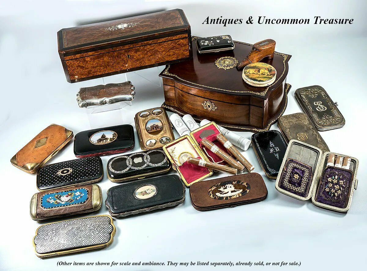 Antique French Victorian Era Cigar or Cheroot Case, Etui, Needlework, Striker