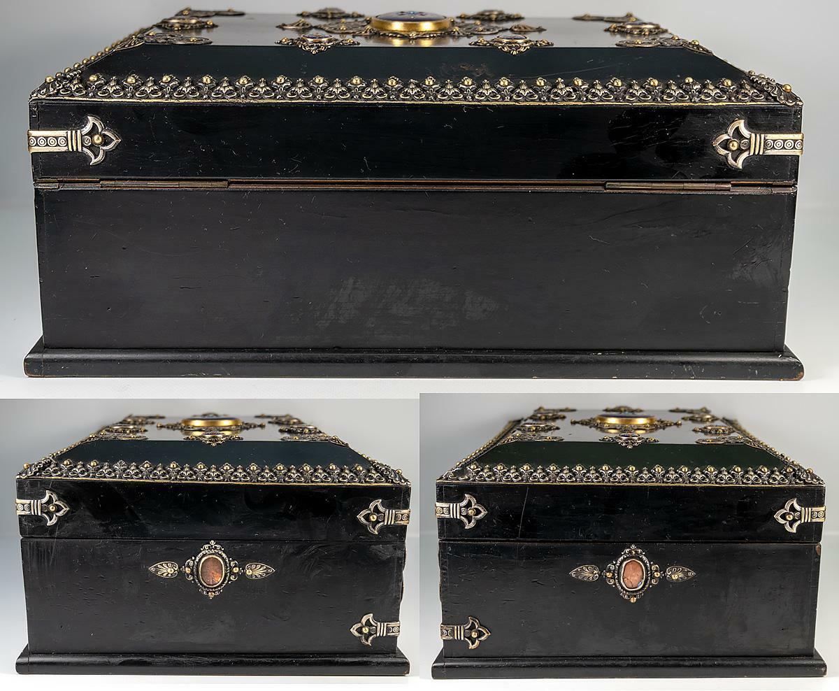 RARE 13.5" Antique French Table, Jewelry Box, Gem-Set Kiln-fired Enamel Plaques