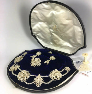 Antique Georgian to Early Victorian 18k Seed Pearl Parure, Box, Necklace, Brooch