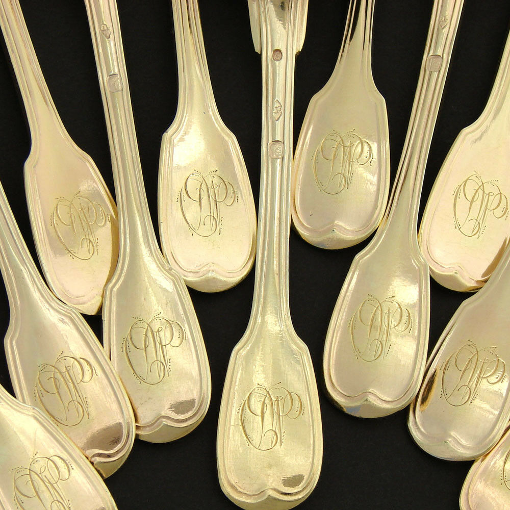 Antique French Vermeil 18k Gold on Sterling Silver 13pc Teaspoon, Sugar Tong Set