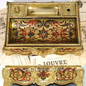 Antique Napoleon III Boulle Inlay 10" Double Inkwell, Colorful Inlay, w Sander