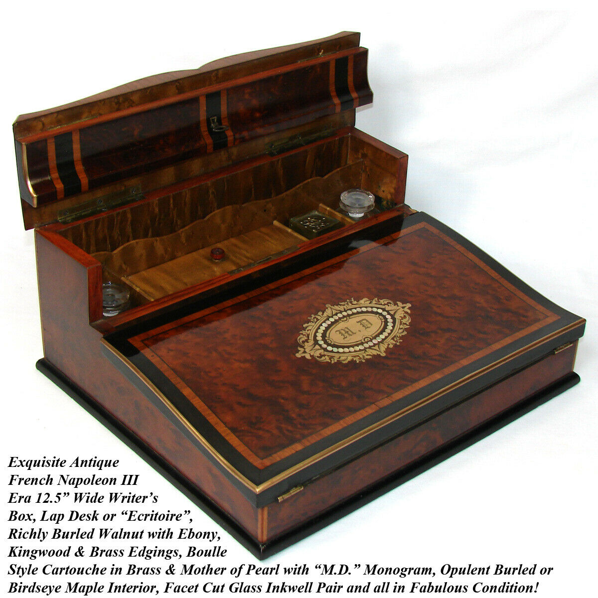 Exceptional! Antique French Napoleon III Era 12.5" Ecritoire Writer's Chest, Box, Lap Desk, Boulle