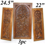 Fab Antique Country French Style Carved Oak Panels, 3pc, Bows, Ribbons & Baskets