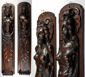 Antique French Carved Wood Caryatid Figures, 23.5" tall, Cabinet Fragment Accent