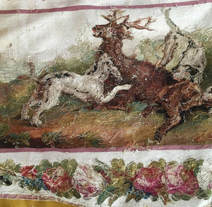 HUGE Antique French Aubusson Panel, Sofa Cover, 76" x 35" with Stag and Hounds