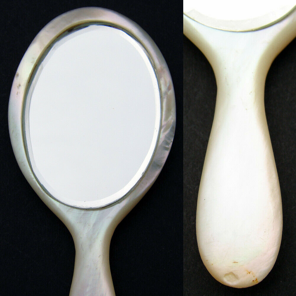 Antique French Carved Mother of Pearl Miniature Doll Sized Vanity or Hand Mirror