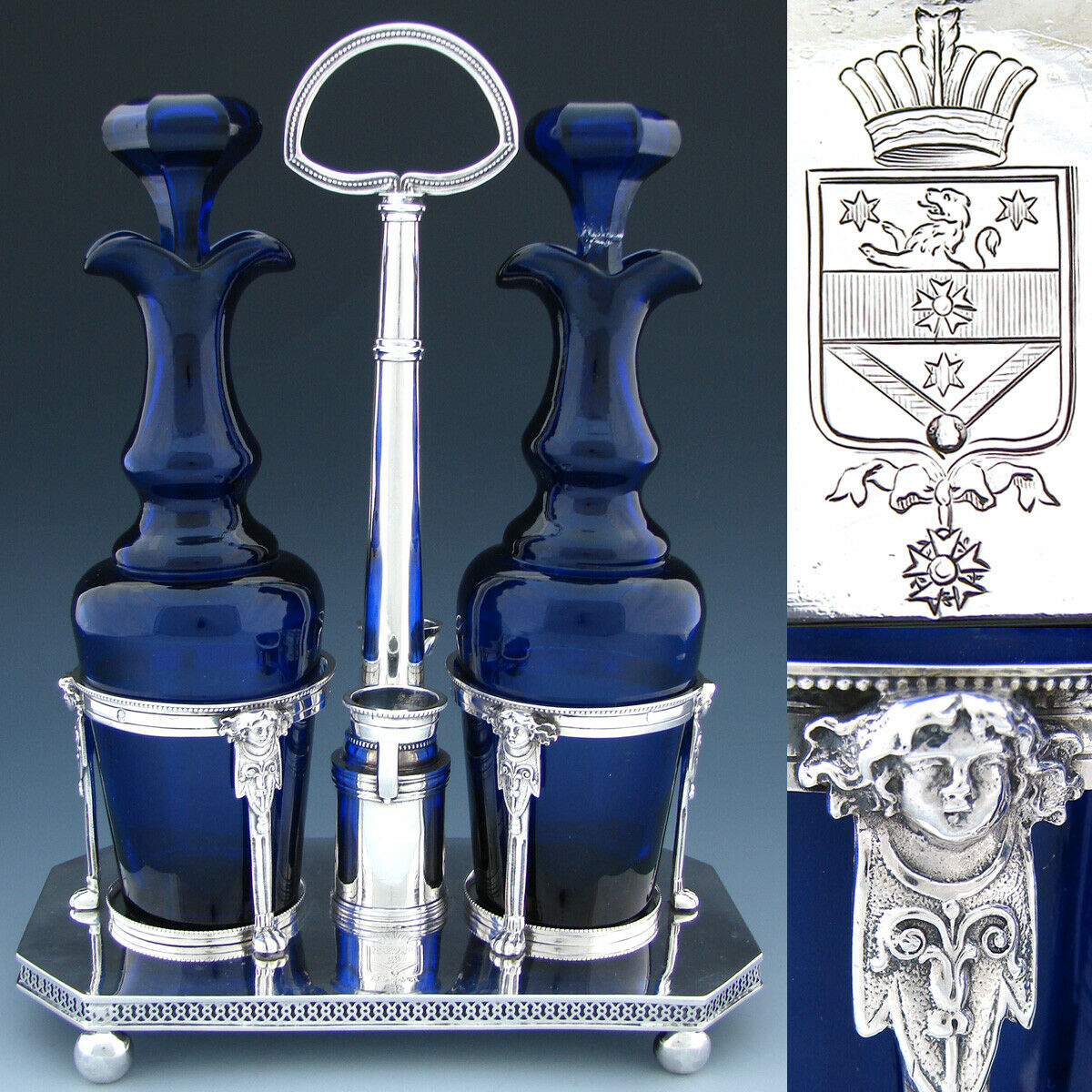 Antique French Napoleonic Sterling Silver 11" Oil & Vinegar Cruet Stand, Cobalt