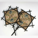 Antique French Face Screen Pair, Victorian Era Chinoiserie, Embroidered Silk