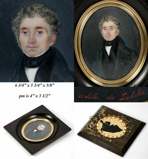 PAIR: LG Antique Signed French Portrait Miniature (2), Couple, Adele de La Hitte