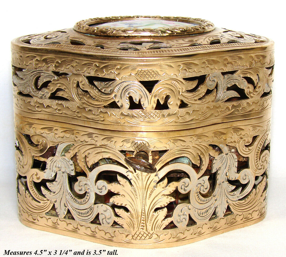 Antique French Reticulated Bronze 4.5" Scent Caddy, Floral Porcelain Medallion