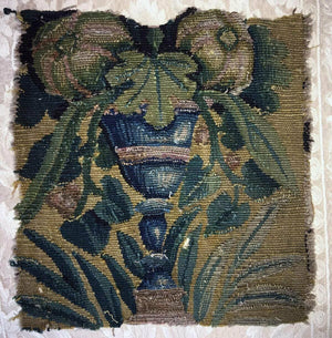 Antique Flemish Tapestry Fragment, Panel, Chalice or Goblet & Leaves, 10.5" Sq.