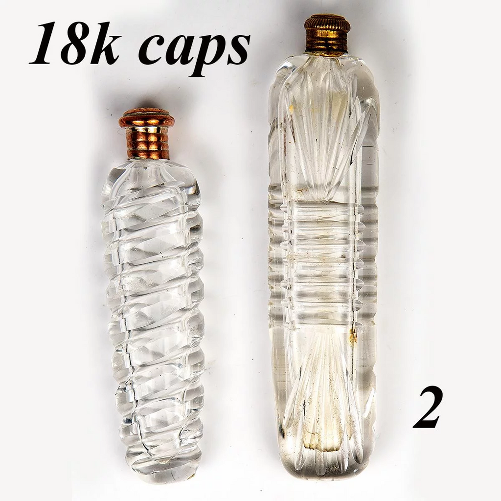 Pair of Two (2) Antique French Perfume flasks, Bottles, 18k Gold Cap, c.1800