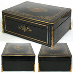 Elegant Antique French Napoleon III 11.5” Writer’s Work Box, Ornate Boulle Inlay