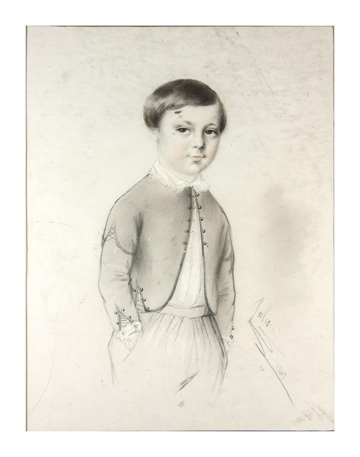 Exceptional Antique Pencil Drawing, Portrait of a Boy, 14x11" Frame, Signed 1847