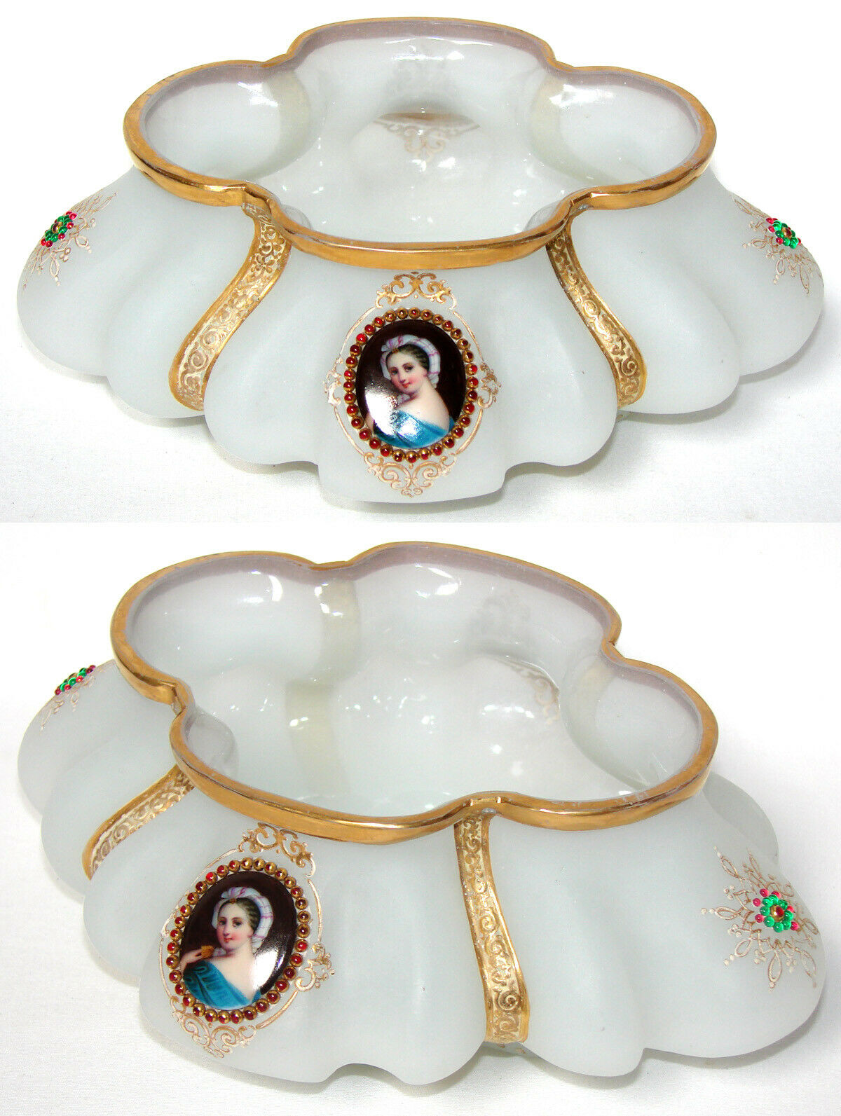 Antique Moser or French White Opaline 9" Jardiniere, Centerpiece, HP Portraits