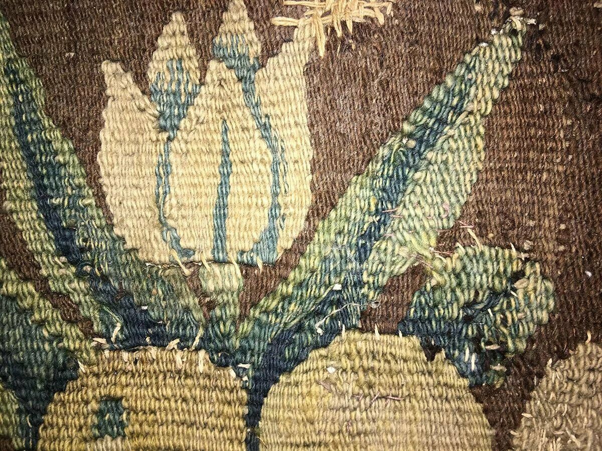 Antique Verdure Flemish Tapestry Fragment for Throw Pillow, 11" x 10", c. 1600s