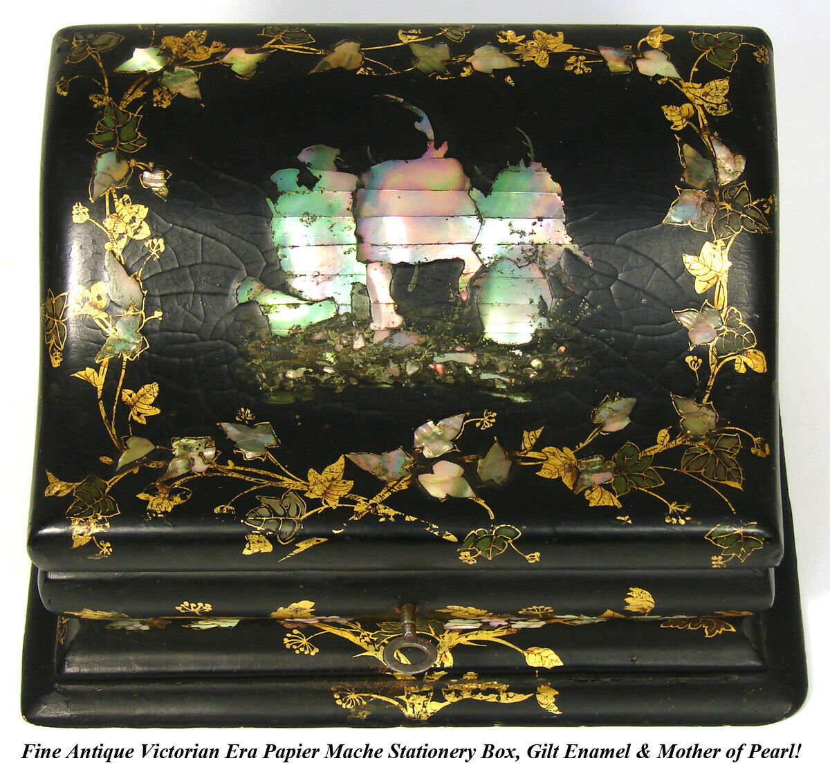 Lovely Antique Victorian Era Papier Mache Stationery Box, Writer's Casket, Chest