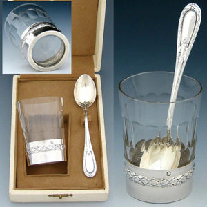 Antique French Sterling Silver & Cut Glass Aperitif Cup & Spoon Set, Orig Box