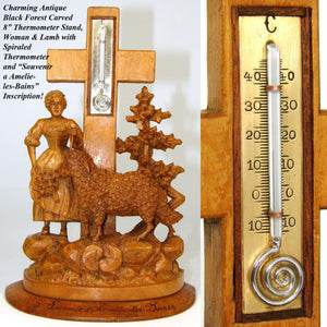 Antique Black Forest Thermometer Stand, Woman & Lamb, Amelie-les-Bains Souvenir
