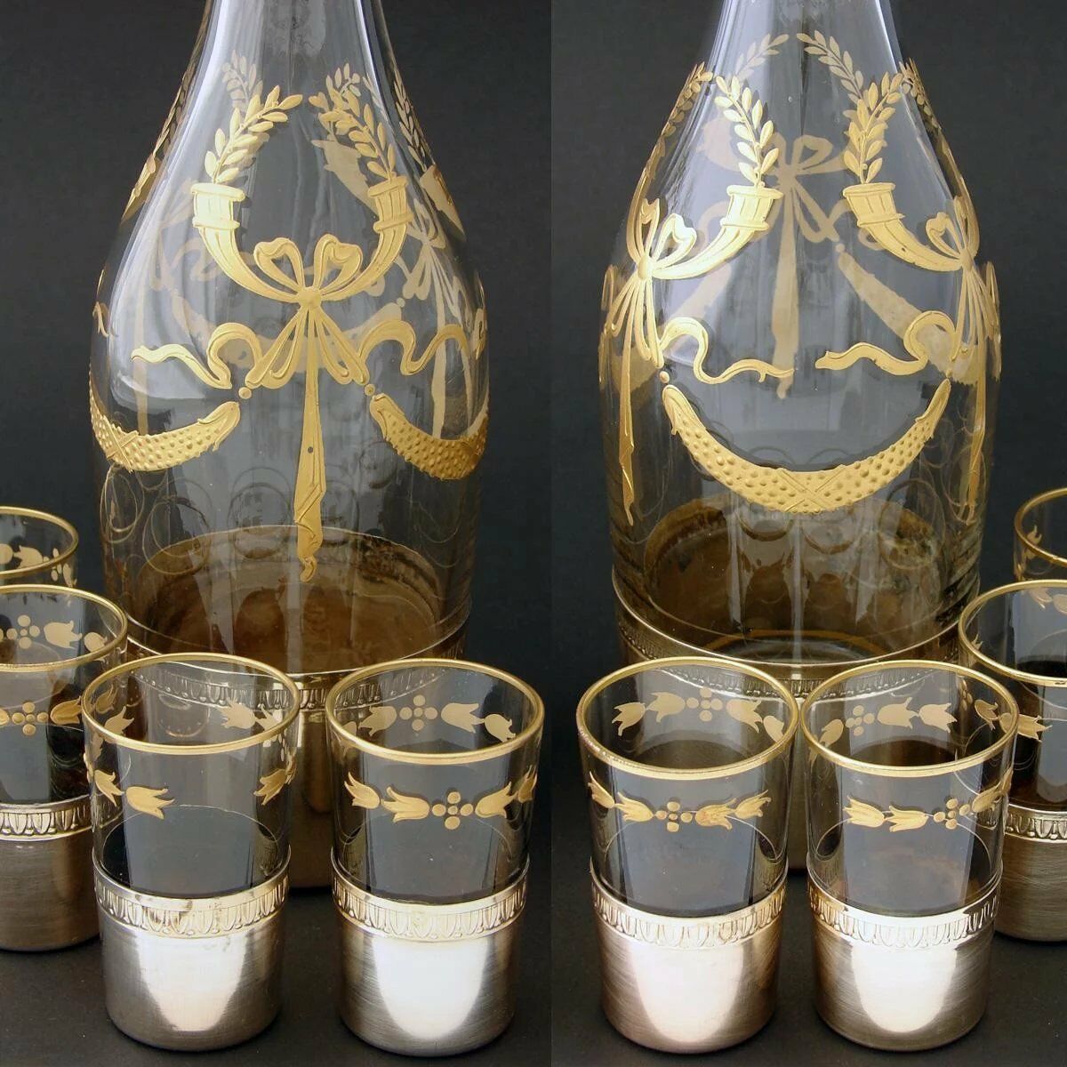 Rare Antique French 18k Gold on Silver 14pc Liqueur Service, Empire Raised Gold