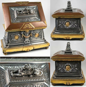 19th c. French Bronze Jewelry Box, 8" Casket, Foundry & Sculptor Léopold OUDRY