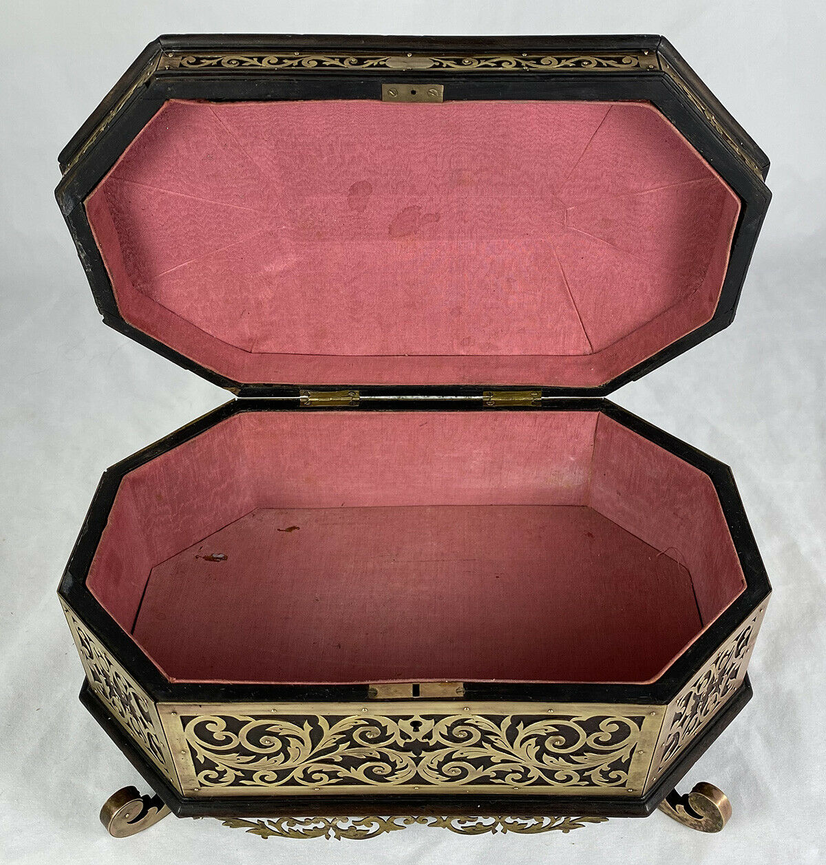 Antique French Boulle Jewelry Box, Casket, 10.25" Octagonal Brass on Walnut