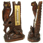 Charming Antique Black Forest Thermometer Stand, Owl & Rodent, Swiss Souvenir