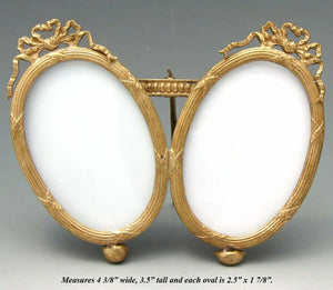 Antique French Napoleon III 4 3/8” Gilt Ormolu Double Picture Frame, Ovals, Bow