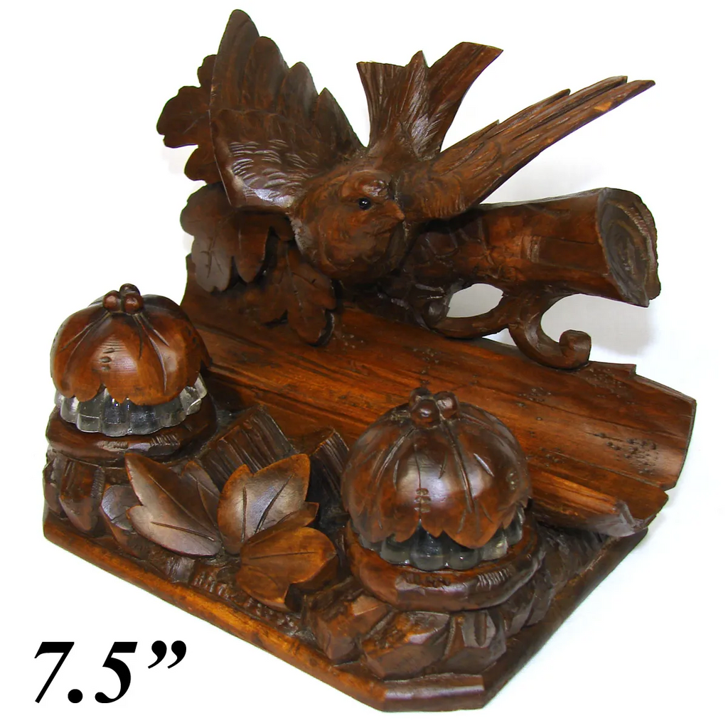 Antique Black Forest Carved Figural Double Inkwell Stand, Desk Caddy, Large Bird