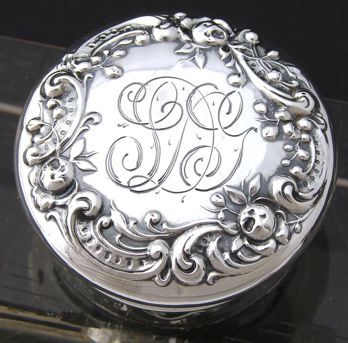 Elegant Antique Gorham Sterling Silver & Cut Crystal 5" Inkwell, Etched Garland