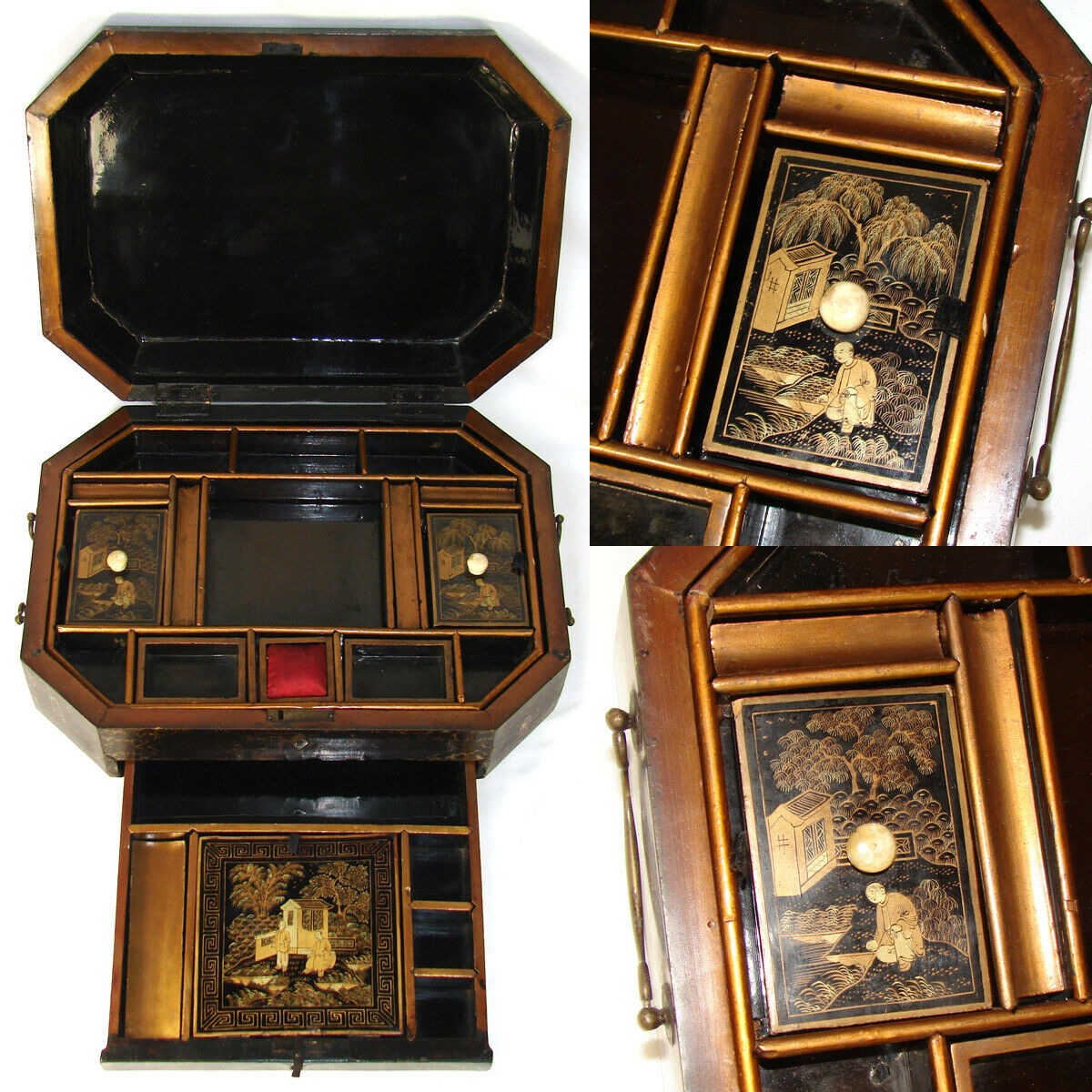 Antique Victorian Era Chinese Export Lacquer 14" Sewing Box, Chest with Fittings