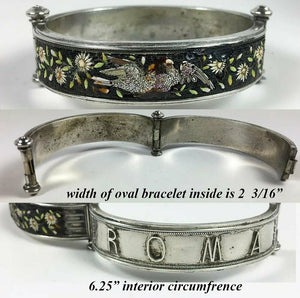 Antique Rome Micro Mosaic Bracelet, Doves and Flowers in Silver Hinged Bangle