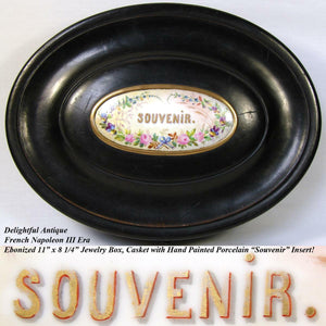 Antique Victorian Era 11" Oval Jewelry Casket, Ebonized, HP Porcelain "Souvenir"